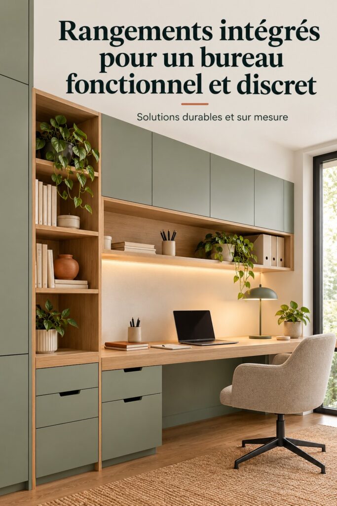 Bureau avec rangements intégrés offrant un espace de travail fonctionnel et esthétique.