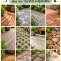 Un patio avec un revêtement en bois recyclé entouré de verdure, créant une atmosphère chaleureuse et durable.