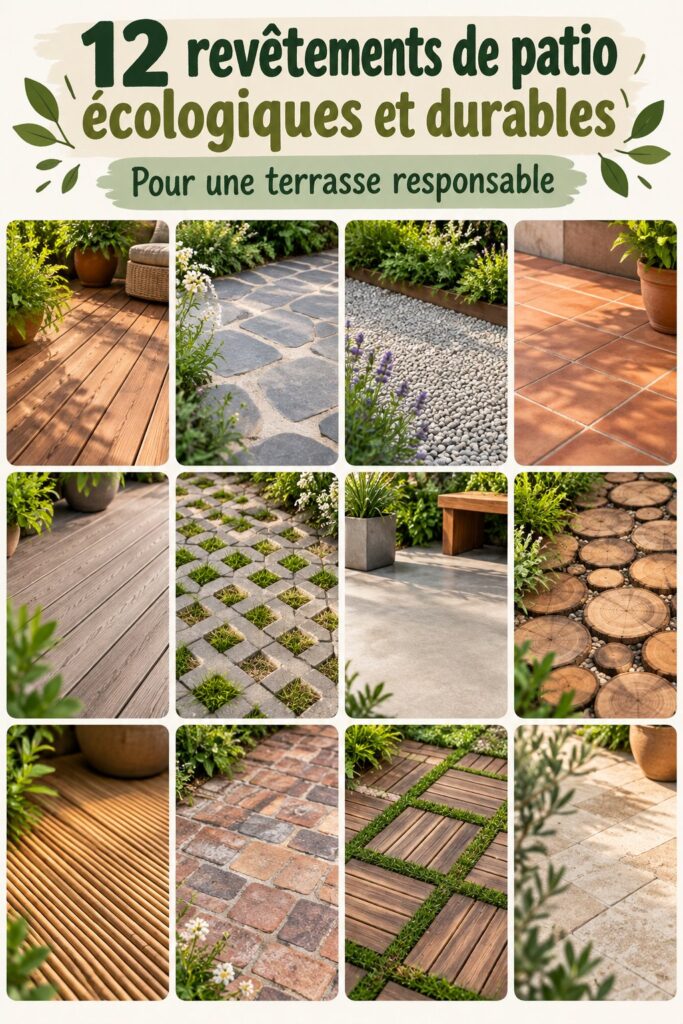 Un patio avec un revêtement en bois recyclé entouré de verdure, créant une atmosphère chaleureuse et durable.
