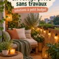Un balcon aménagé en espace intime et cosy avec des coussins et des plantes.