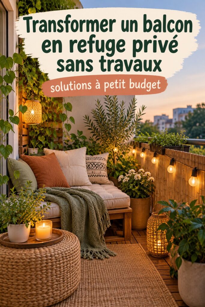 Un balcon aménagé en espace intime et cosy avec des coussins et des plantes.